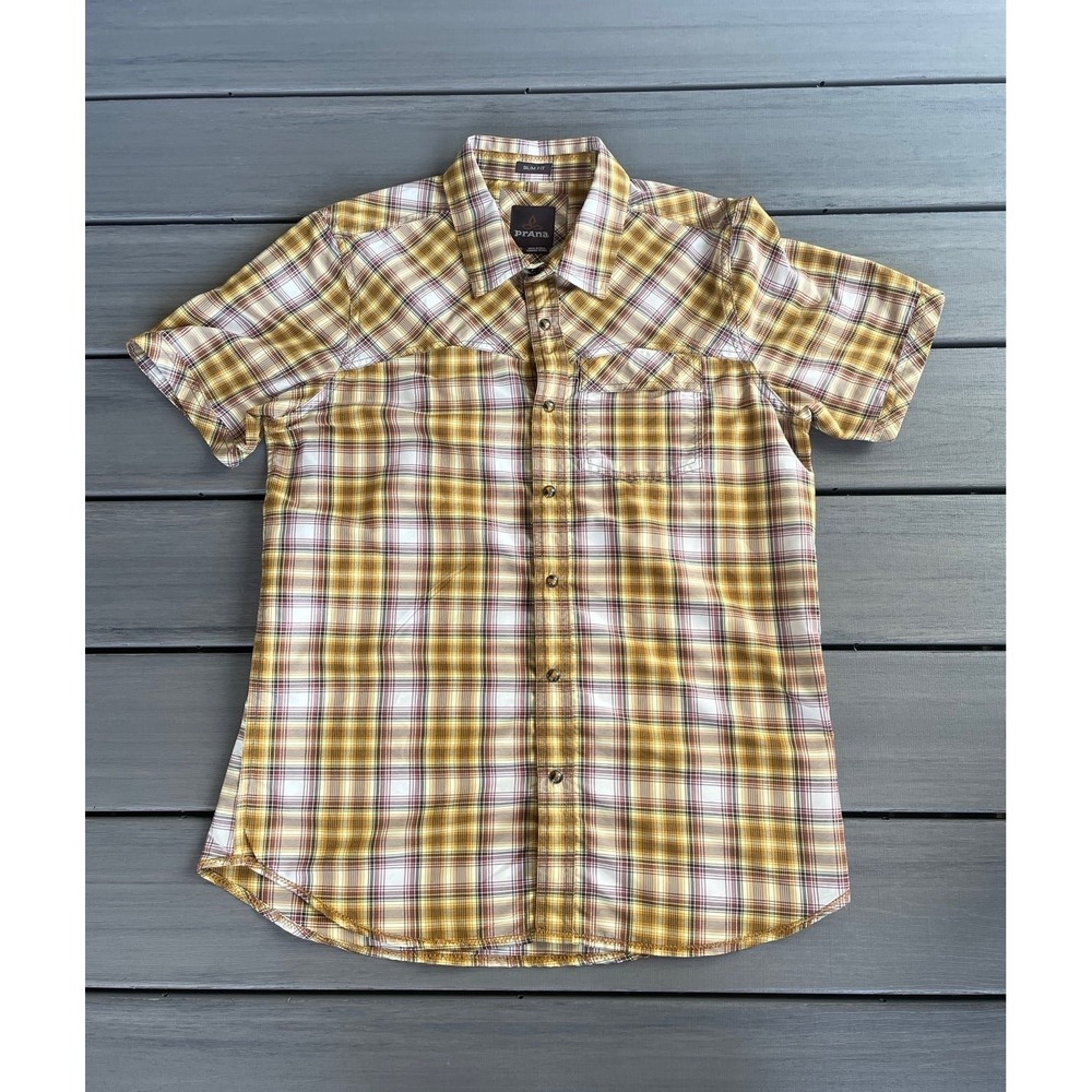 PrAna Men's Medium Yellow Plaid Short Sleeve Button Front Shirt